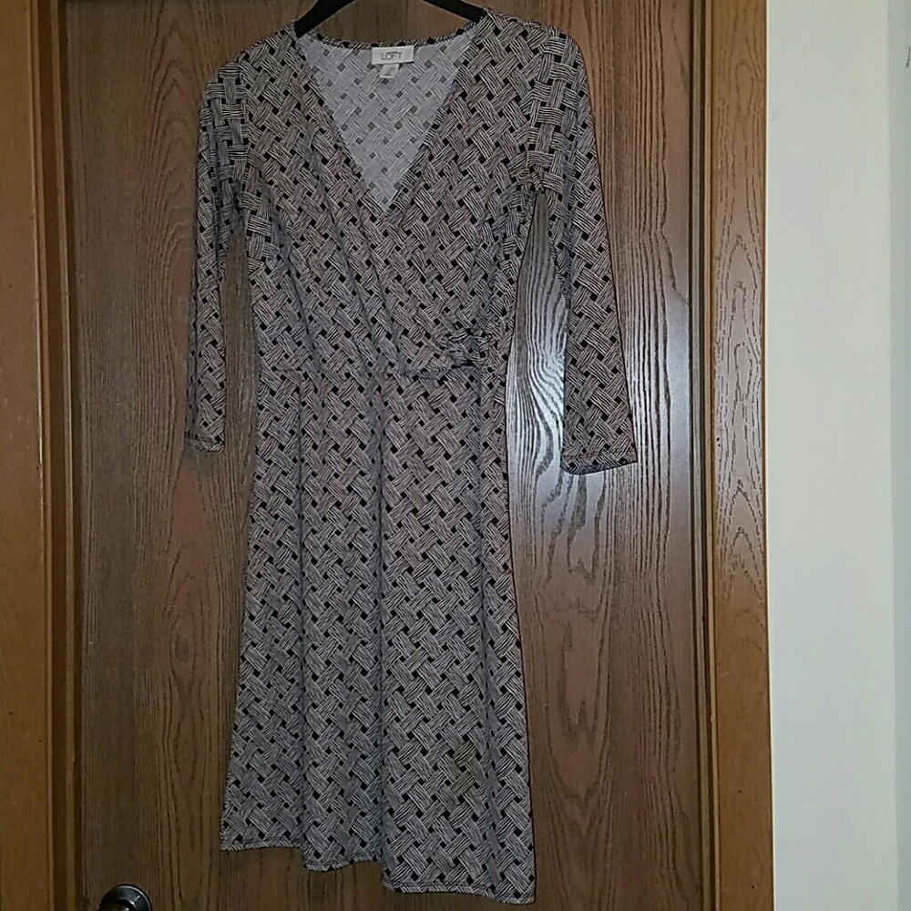 Brown and white faux wrap dress